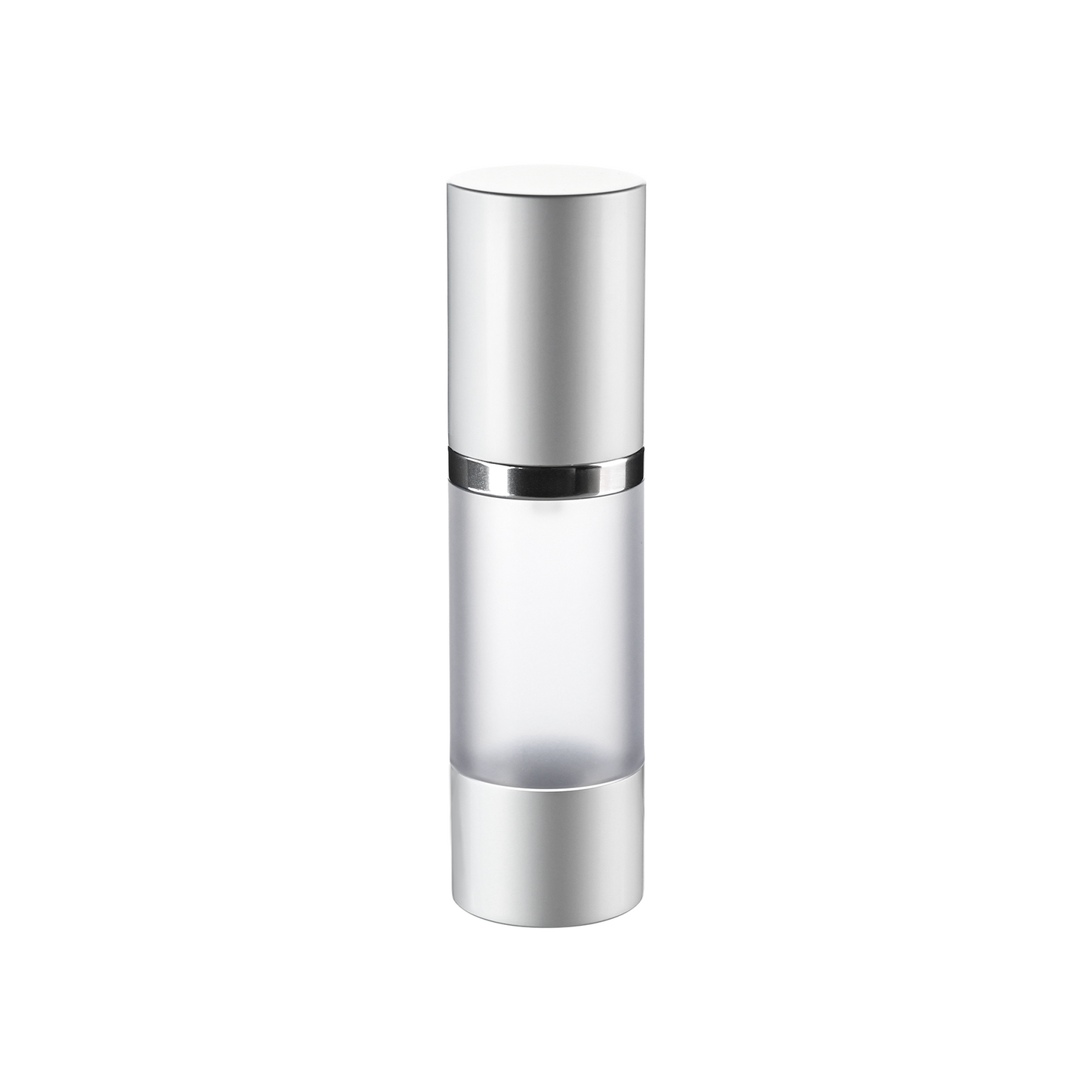 1 oz White/Clear Frosted AS Plastic Bottles with 33mm Matte Silver Aluminum Airless Pump and Overcap