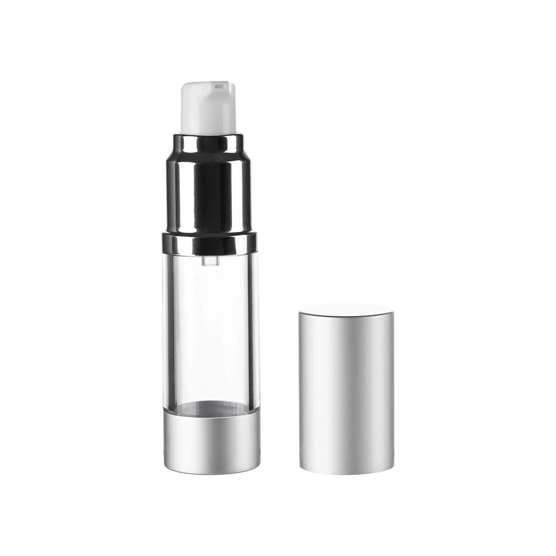 0.5 oz Clear/Clear Frosted AS Plastic Bottles with 27mm Matte Silver Aluminum Airless Pump and Overap