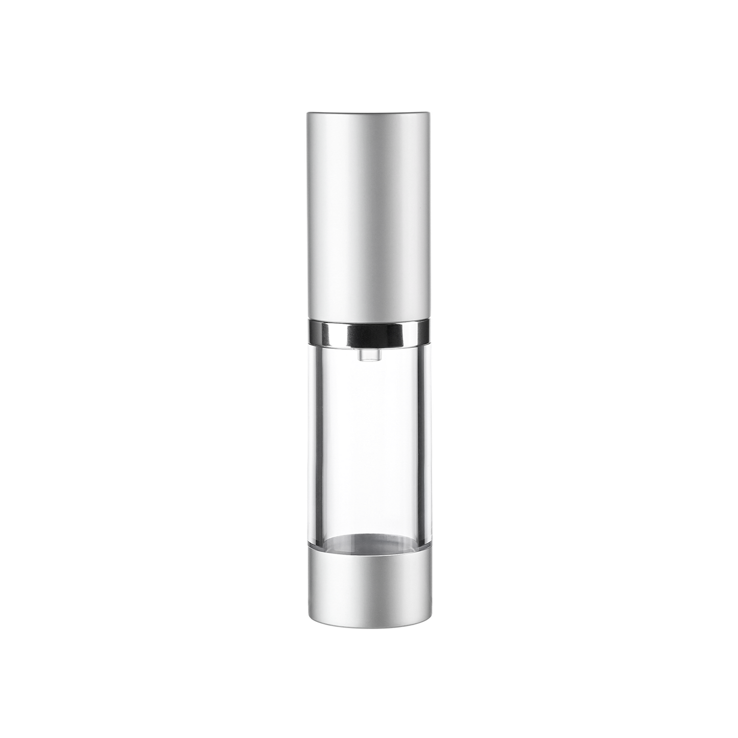 0.5 oz Clear/Clear Frosted AS Plastic Bottles with 27mm Matte Silver Aluminum Airless Pump and Overap