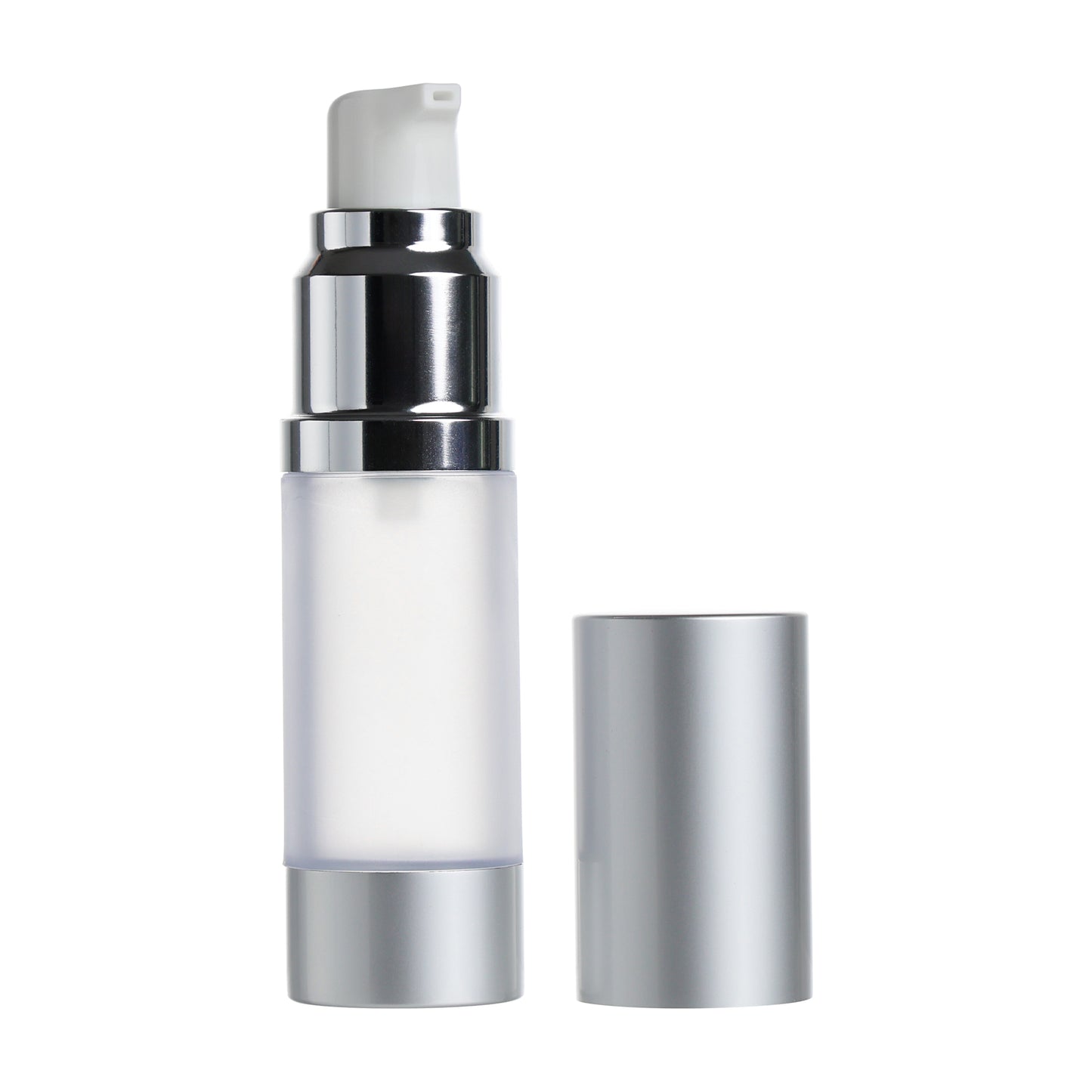 0.5 oz Clear/Clear Frosted AS Plastic Bottles with 27mm Matte Silver Aluminum Airless Pump and Overap