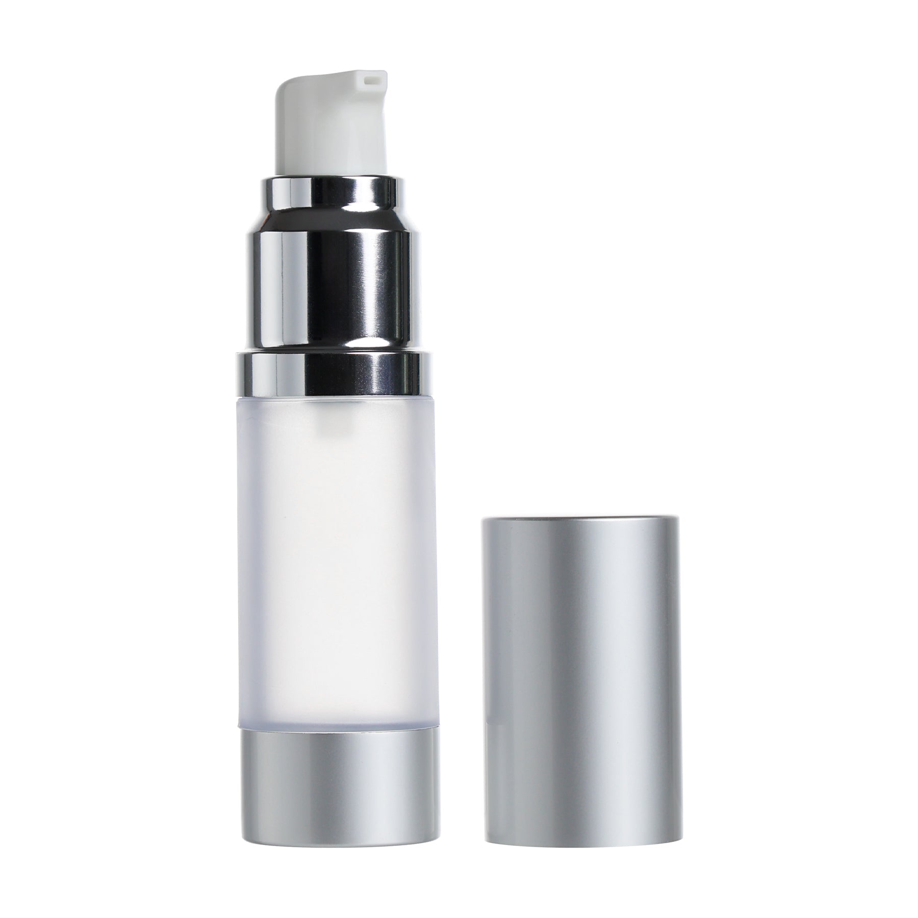 0.5 oz Clear/Clear Frosted AS Plastic Bottles with 27mm Matte Silver Aluminum Airless Pump and Overap