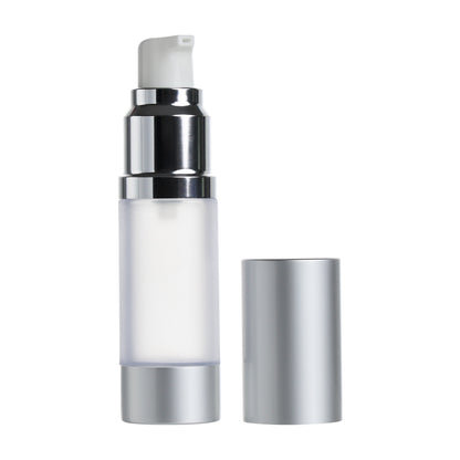 0.5 oz Clear/Clear Frosted AS Plastic Bottles with 27mm Matte Silver Aluminum Airless Pump and Overap