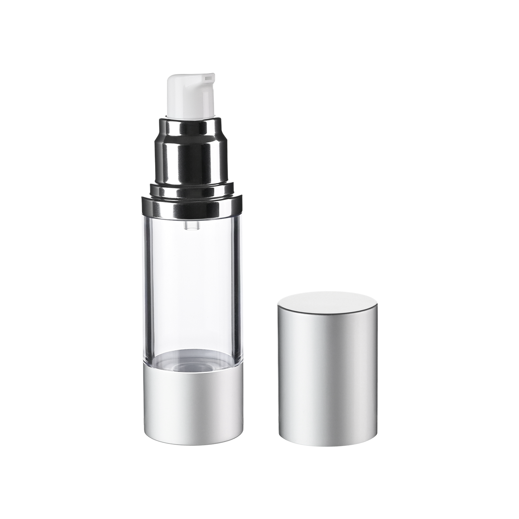 1 oz Clear AS Plastic Bottles with 33mm Matte Silver Aluminum Airless Pump and Overcap