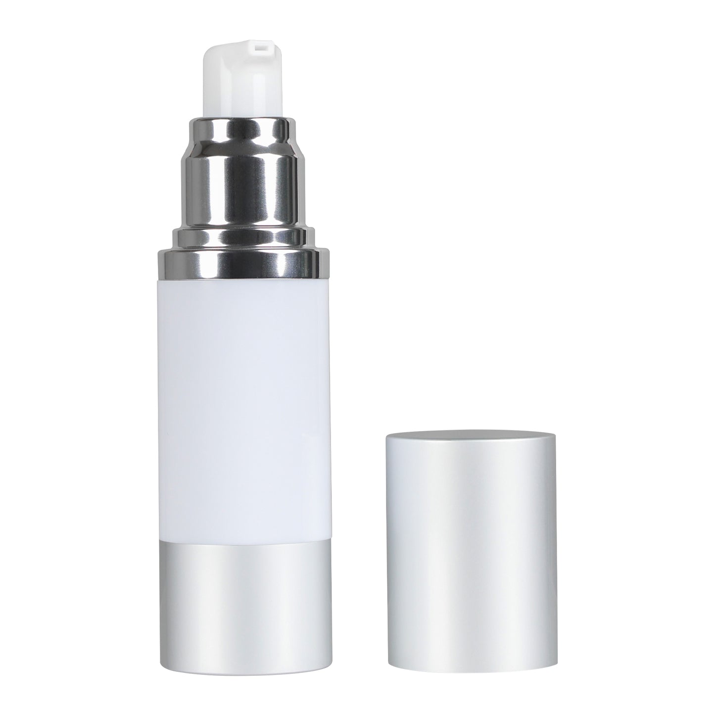 1 oz White/Clear Frosted AS Plastic Bottles with 33mm Matte Silver Aluminum Airless Pump and Overcap