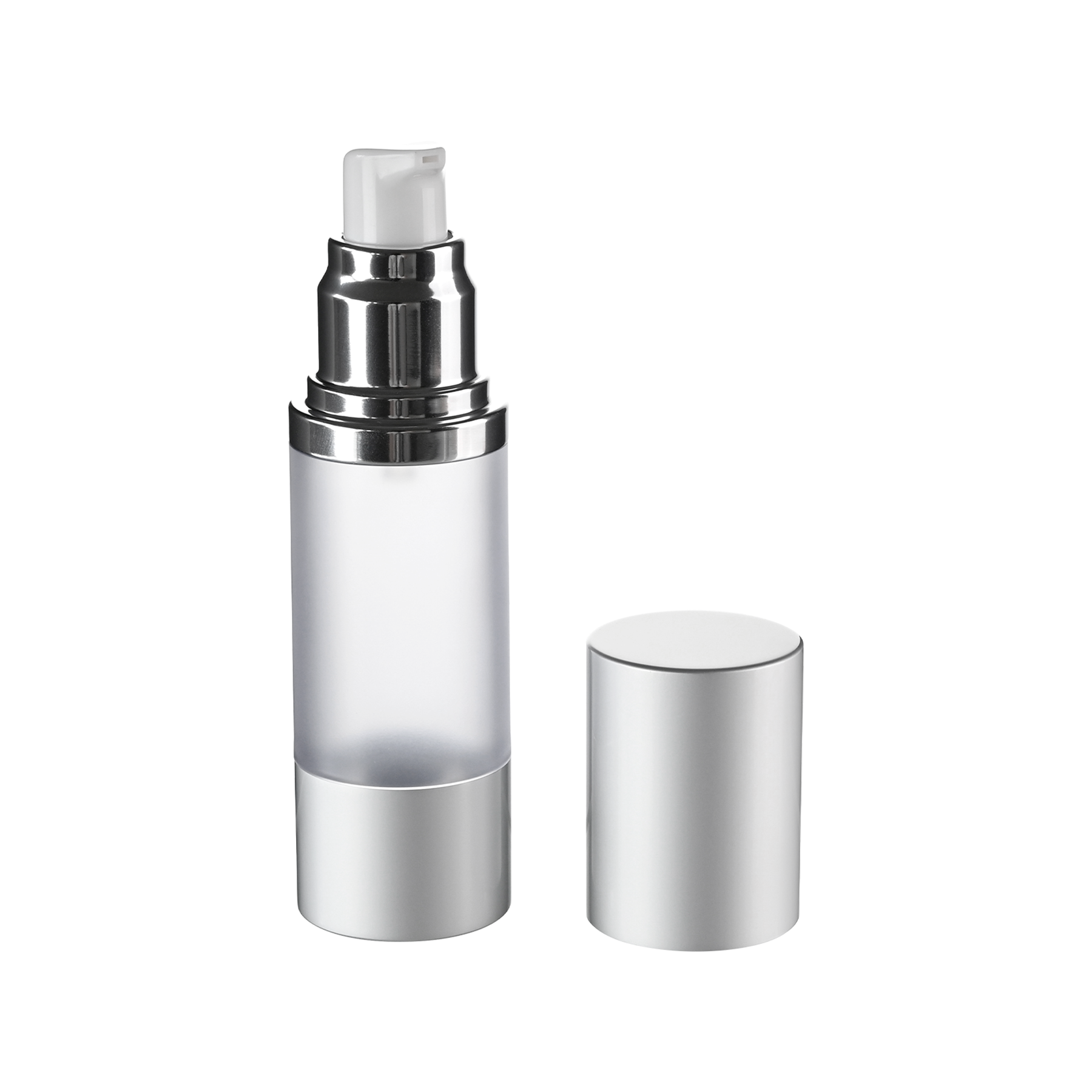 1 oz White/Clear Frosted AS Plastic Bottles with 33mm Matte Silver Aluminum Airless Pump and Overcap