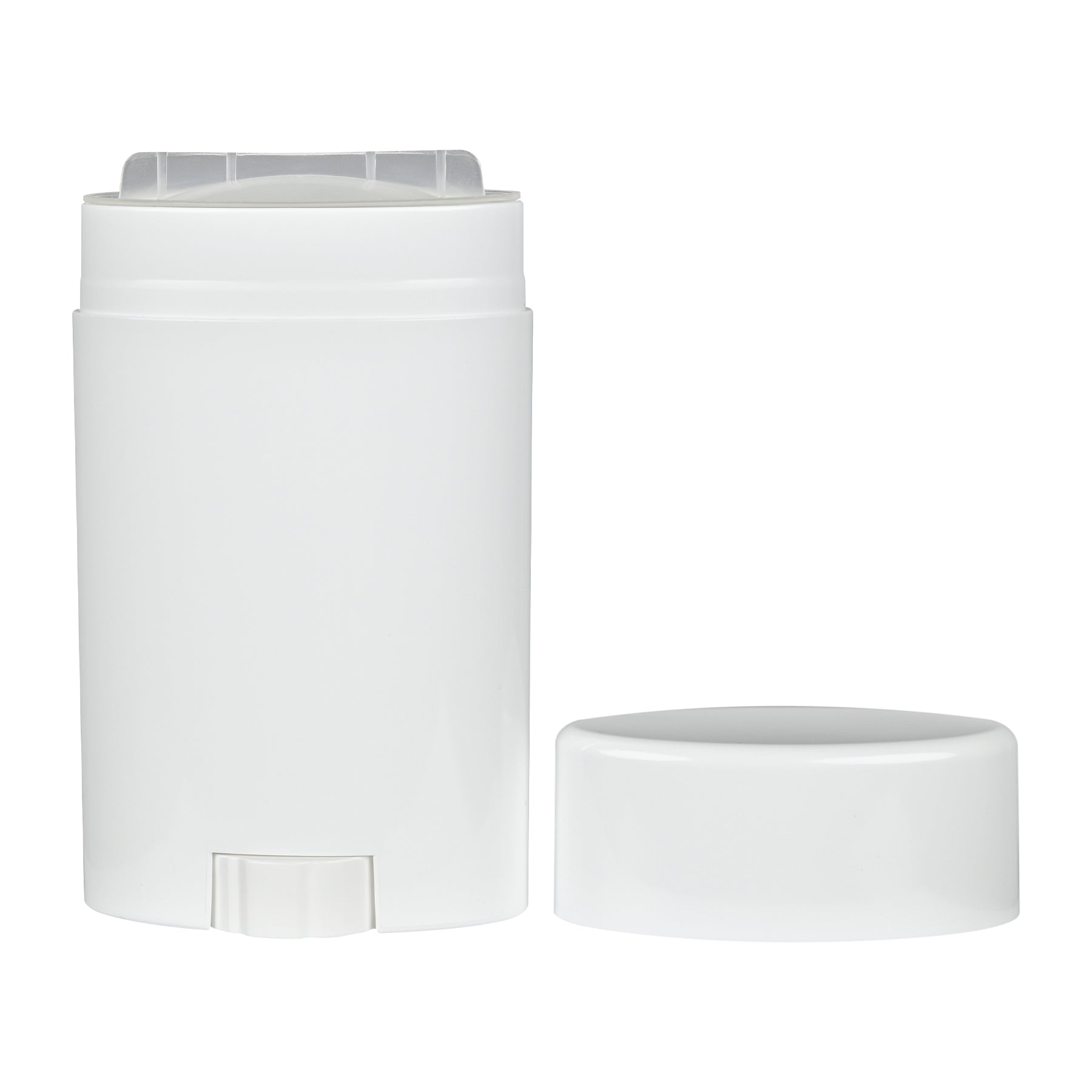 75g Oval White PP Plastic Deodorant Stick with White Flat Top Cap, cap removed