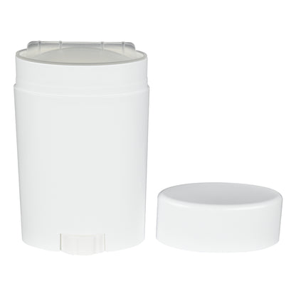 75g Oval White PP Plastic Deodorant Stick with White Flat Top Cap, cap removed tilted view