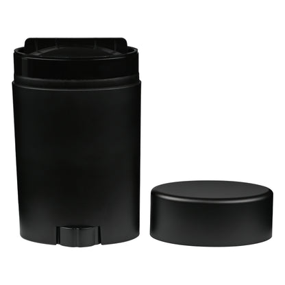 75g Oval Matte Black PP Plastic Deodorant Stick with Matte Black Flat Top Cap, cap removed tilted view