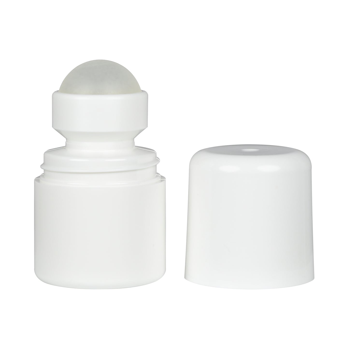 1 oz White HDPE Roll-on Bottle w/ PP Plastic Cap and PP Plastic Roller Ball, side view with cap removed