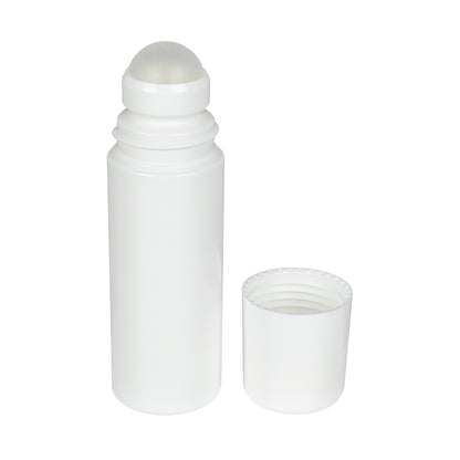 3oz White HDPE Roll-on Bottle w/ PP Plastic Cap and PP Plastic Roller Ball, cap removed tilted view
