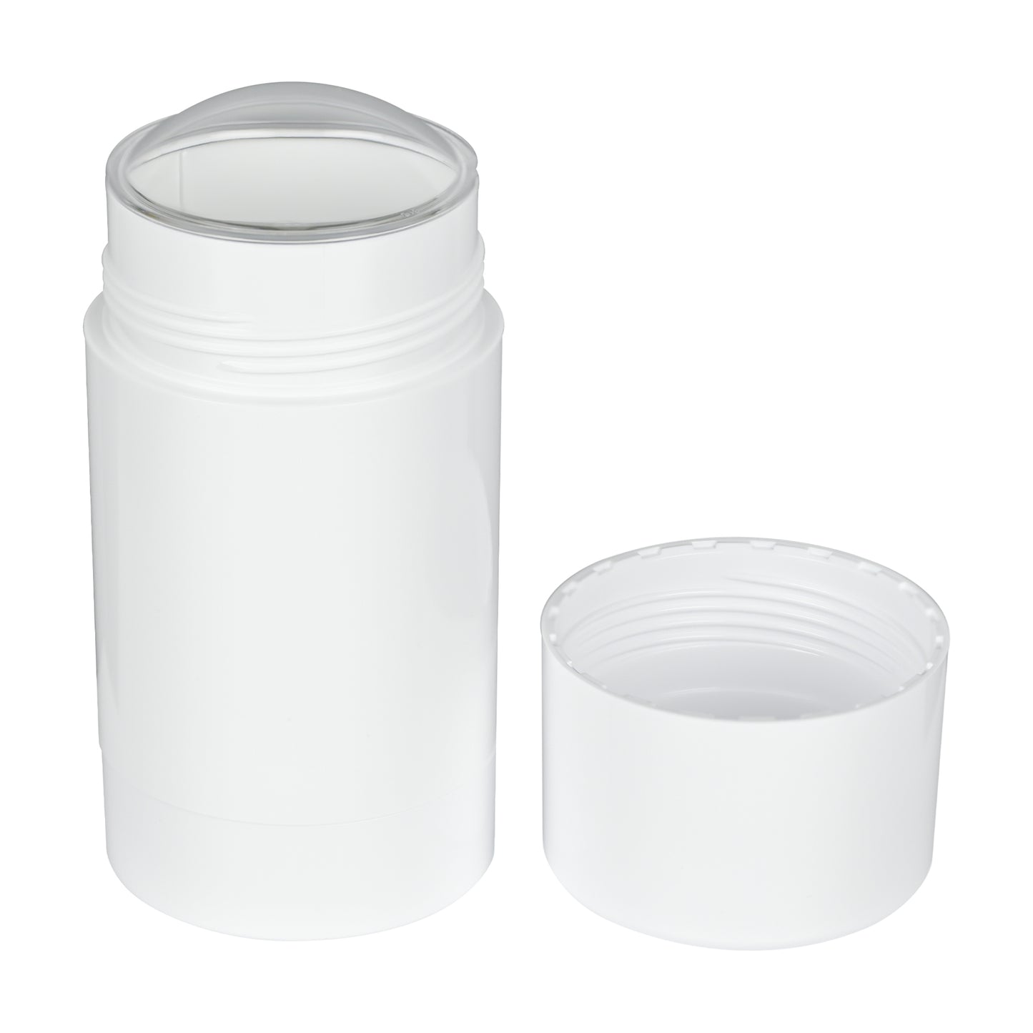 75g White Plastic Twist Up Solid Stick with White Screw Cap & Disc, cap removed tilted view