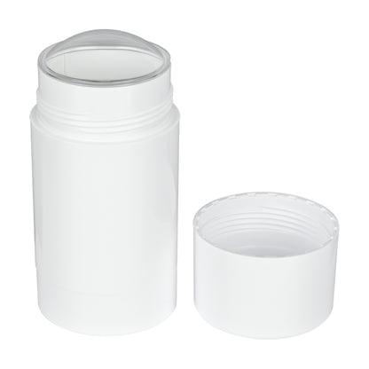75g White Plastic Twist Up Solid Stick with White Screw Cap & Disc, cap removed tilted view
