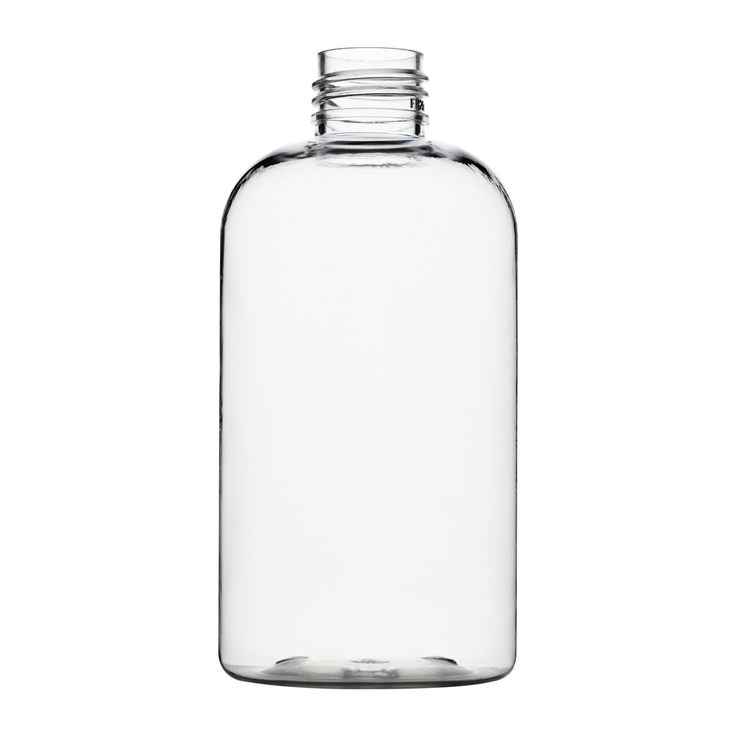 8 oz Clear PET Plastic Squat Boston Round Bottles 24-410 Neck Finish side view