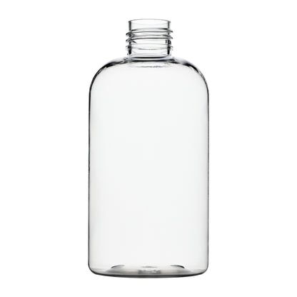 8 oz Clear PET Plastic Squat Boston Round Bottles 24-410 Neck Finish side view