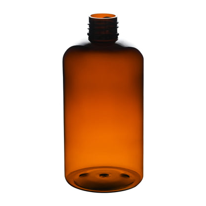 8 oz Amber PET Plastic Boston Round Bottle 20-410 Neck Finish tilted view