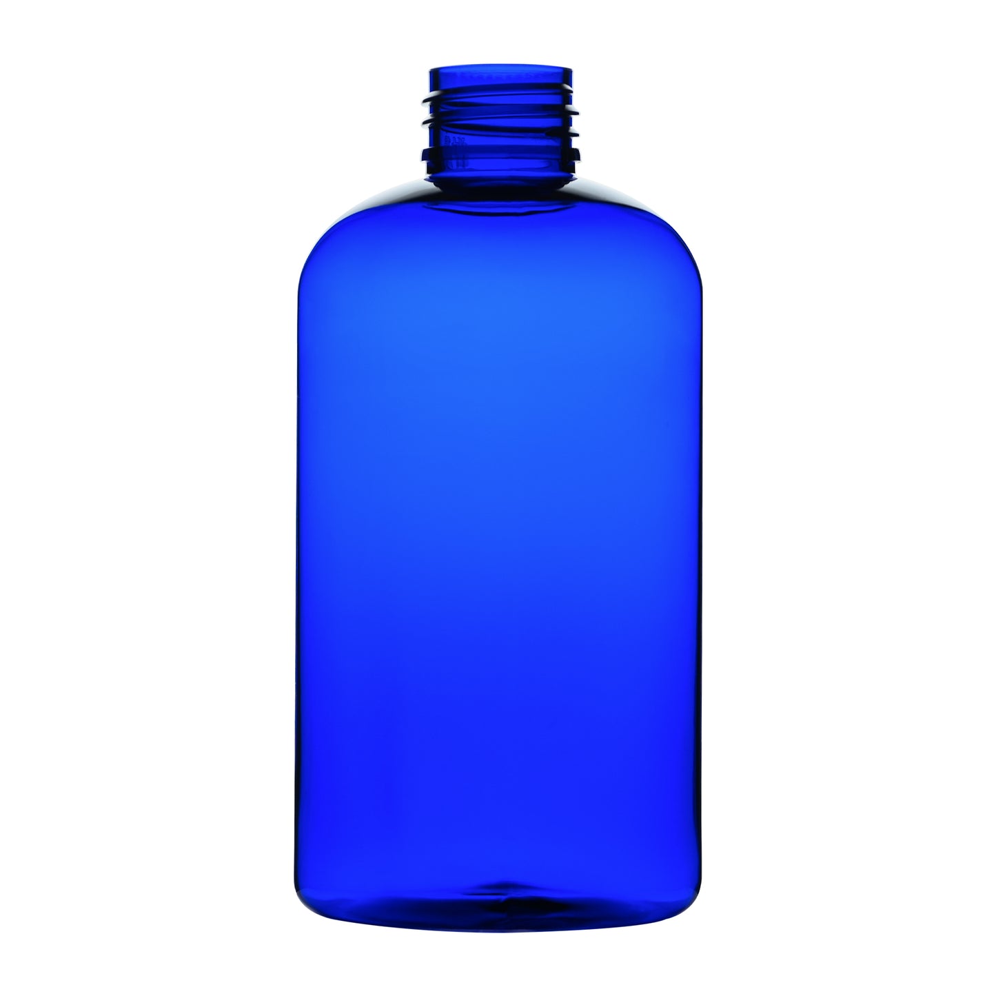 8 oz Cobalt Blue PET Plastic Squat Boston Round Bottles 24-410 Neck Finish side view