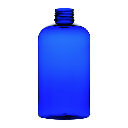 8 oz Cobalt Blue PET Plastic Squat Boston Round Bottles 24-410 Neck Finish side view