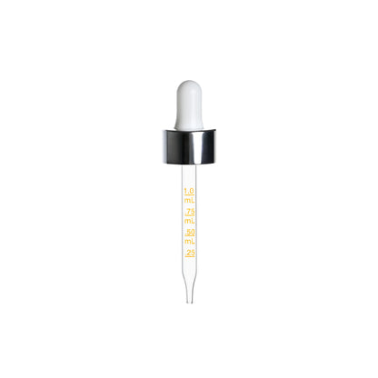 20-400 Shiny Silver Dropper with Glossy White Rubber Bulb 76mm Straight Medical Graduated Glass Pipette