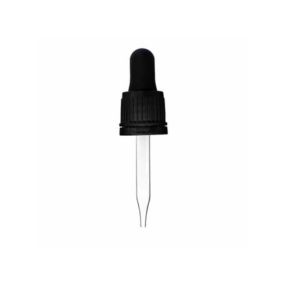 18-415 Black PP Plastic Tamper Evident Ribbed Skirt Dropper with 65mm Straight Glass Pipette