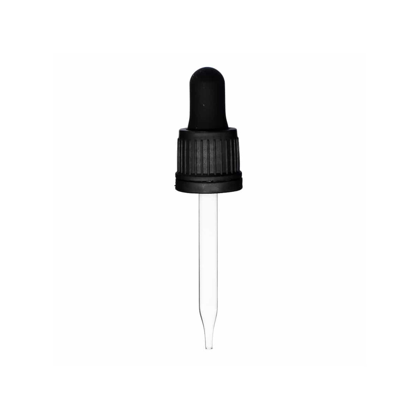 18-415 Black PP Plastic Tamper Evident Ribbed Skirt Dropper with 77mm Straight Glass Pipette