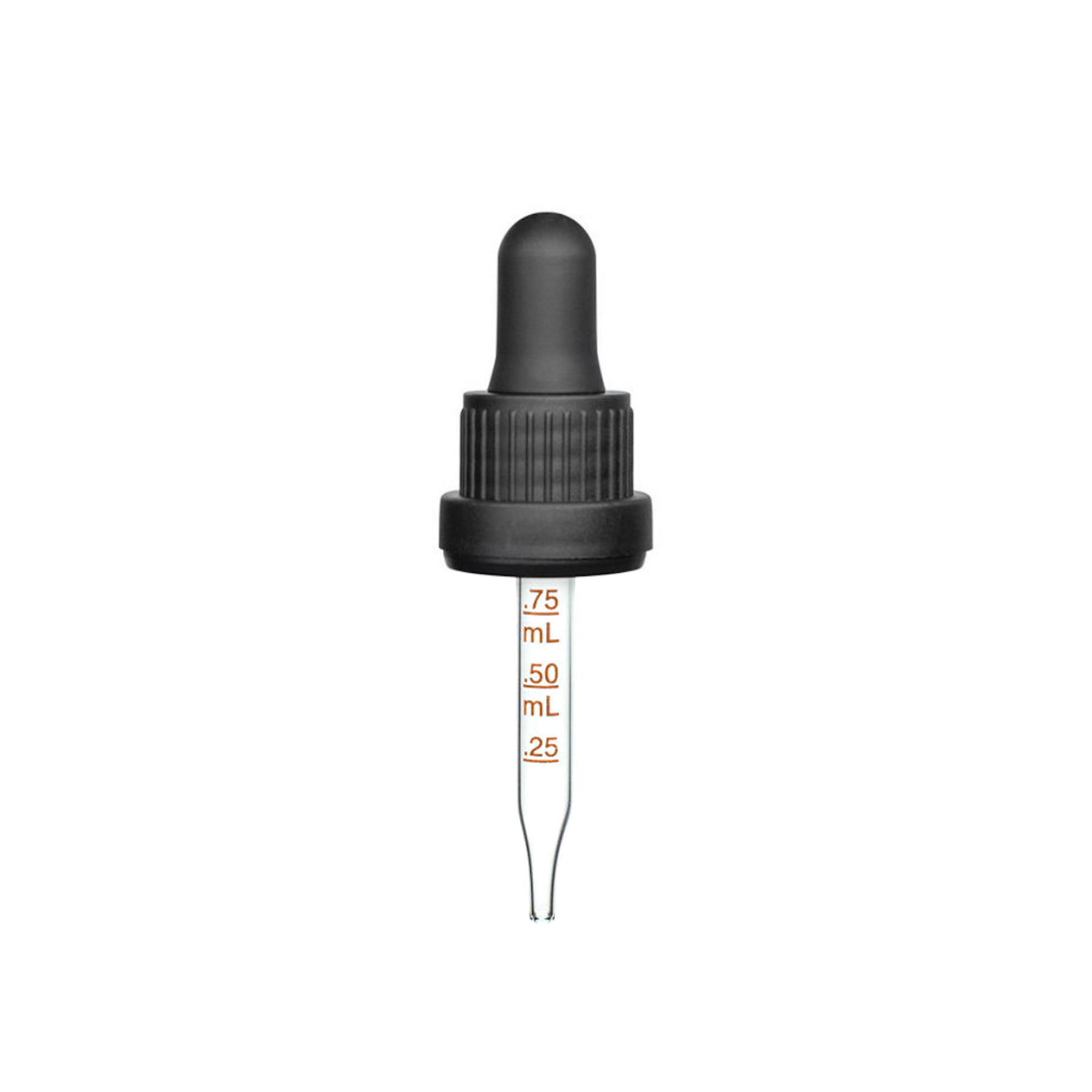 18-415 Black PP Plastic Heavy Duty Tamper Evident Ribbed Skirt Dropper with 65mm Straight Medical Graduated Glass Pipette