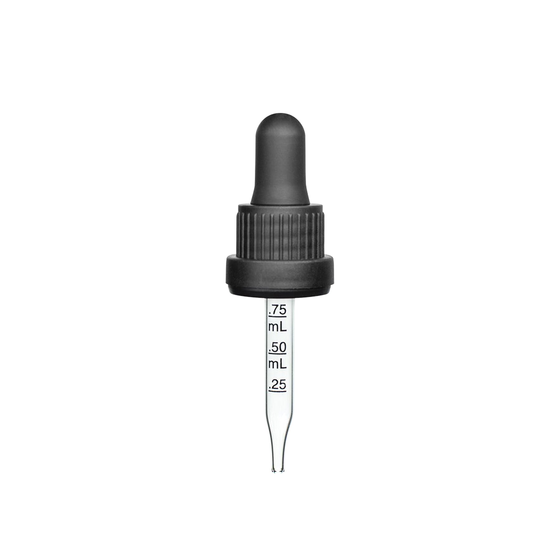 18-415 Black PP Plastic Heavy Duty Tamper Evident Ribbed Skirt Dropper with 65mm Straight Graduated Glass Pipette