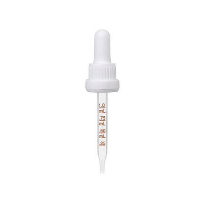 18-415 White PP Plastic Heavy Duty Tamper Evident Ribbed Skirt Dropper with 77mm Straight Medical Graduated Glass Pipette