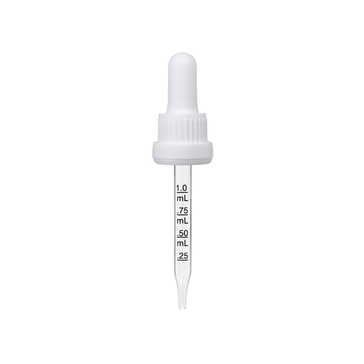 18-415 White PP Plastic Heavy Duty Tamper Evident Ribbed Skirt Dropper with 77mm Straight Graduated Glass Pipette