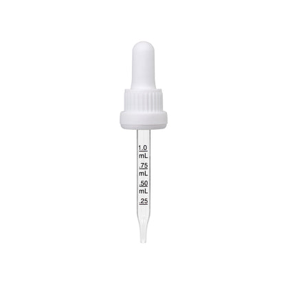 18-415 White PP Plastic Heavy Duty Tamper Evident Ribbed Skirt Dropper with 77mm Straight Graduated Glass Pipette
