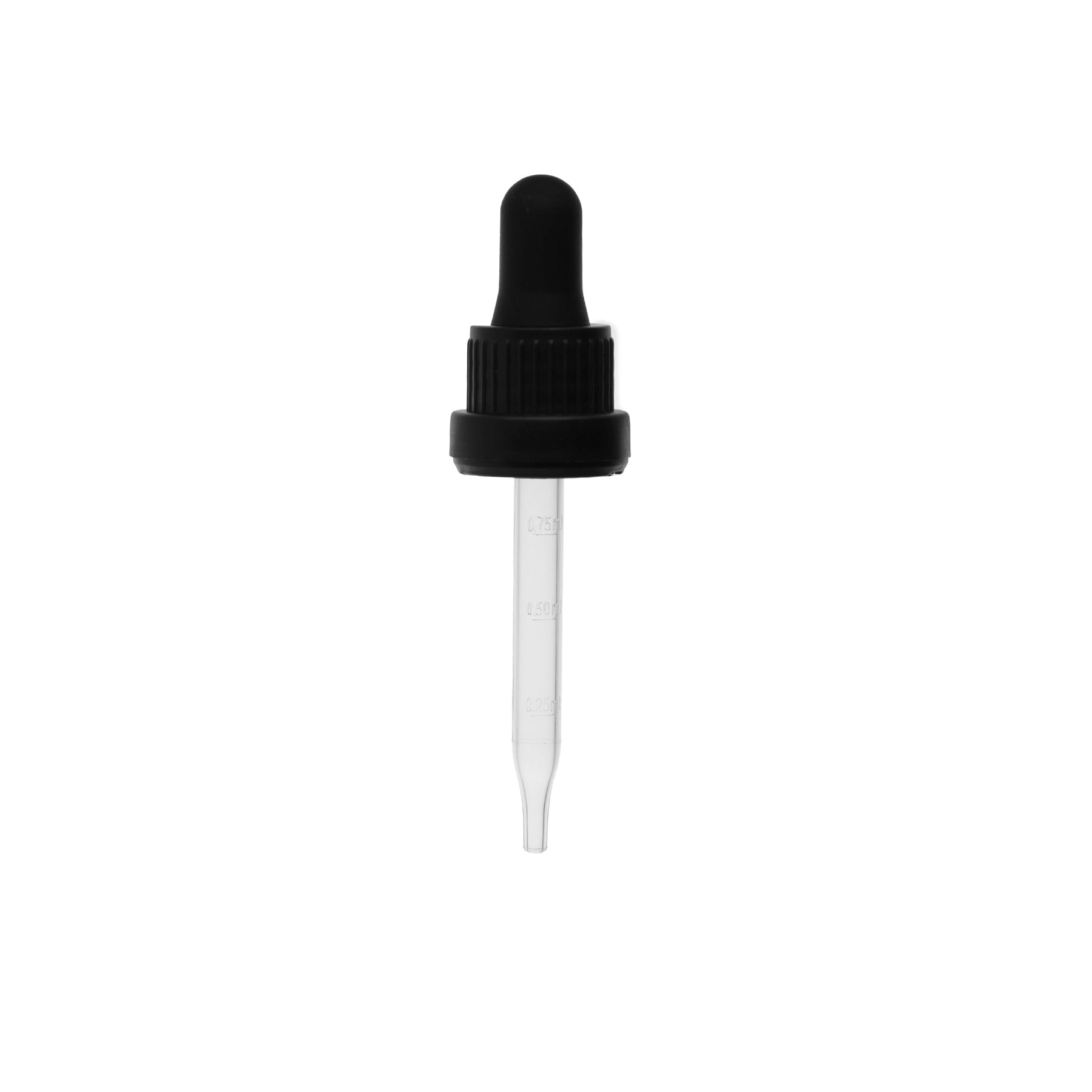 18-415 Black PP Plastic Heavy Duty Tamper Evident Ribbed Skirt Dropper with 77mm Straight Embossed Graduated PP Plastic Pipette
