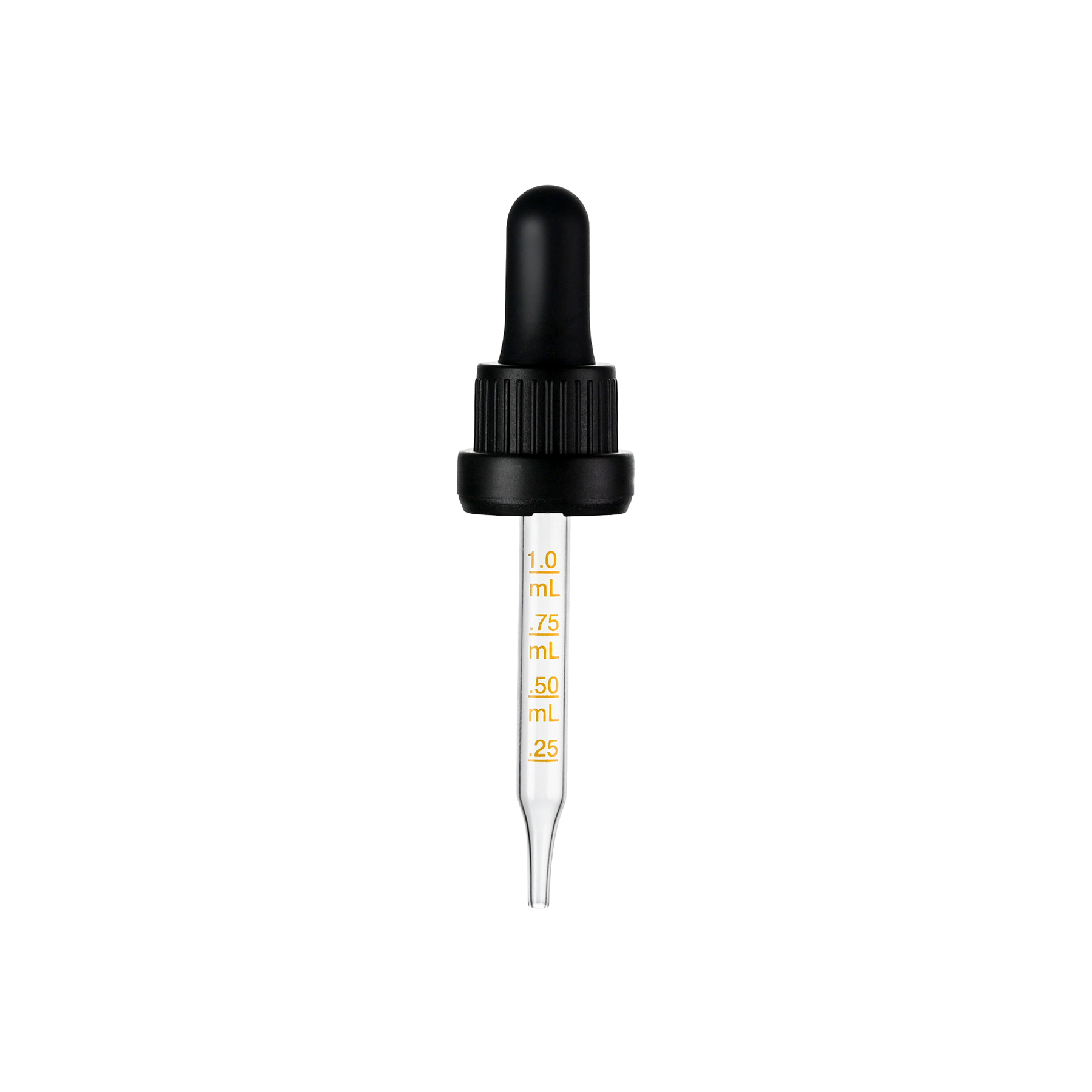 18-415 Black PP Plastic Heavy Duty Tamper Evident Ribbed Skirt Dropper Long Bulb with 77mm Straight Medical Graduated Glass Pipette