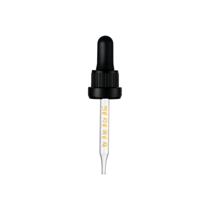18-415 Black PP Plastic Heavy Duty Tamper Evident Ribbed Skirt Dropper Long Bulb with 77mm Straight Medical Graduated Glass Pipette