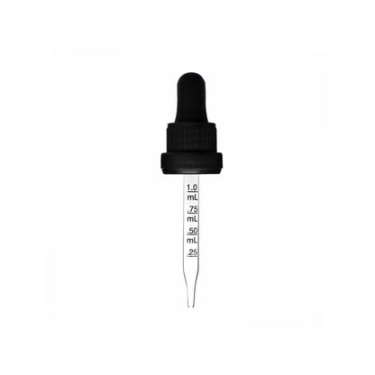 18-415 Black PP Plastic Heavy Duty Tamper Evident Ribbed Skirt Dropper with 77mm Straight Graduated Glass Pipette