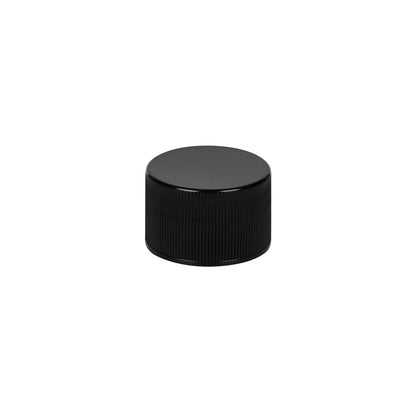 28-410 Black 30% PCR Plastic Ribbed Screw Top Cap with Universal HIS Liner