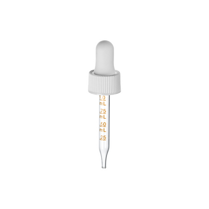 18-400 White PP Plastic Ribbed Skirt Dropper with 65mm Straight Medical Graduated Glass Pipette