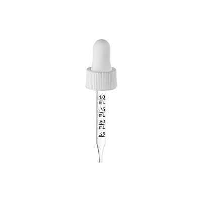 18-400 White PP Plastic Ribbed Skirt Dropper with 65mm Straight Graduated Glass Pipette