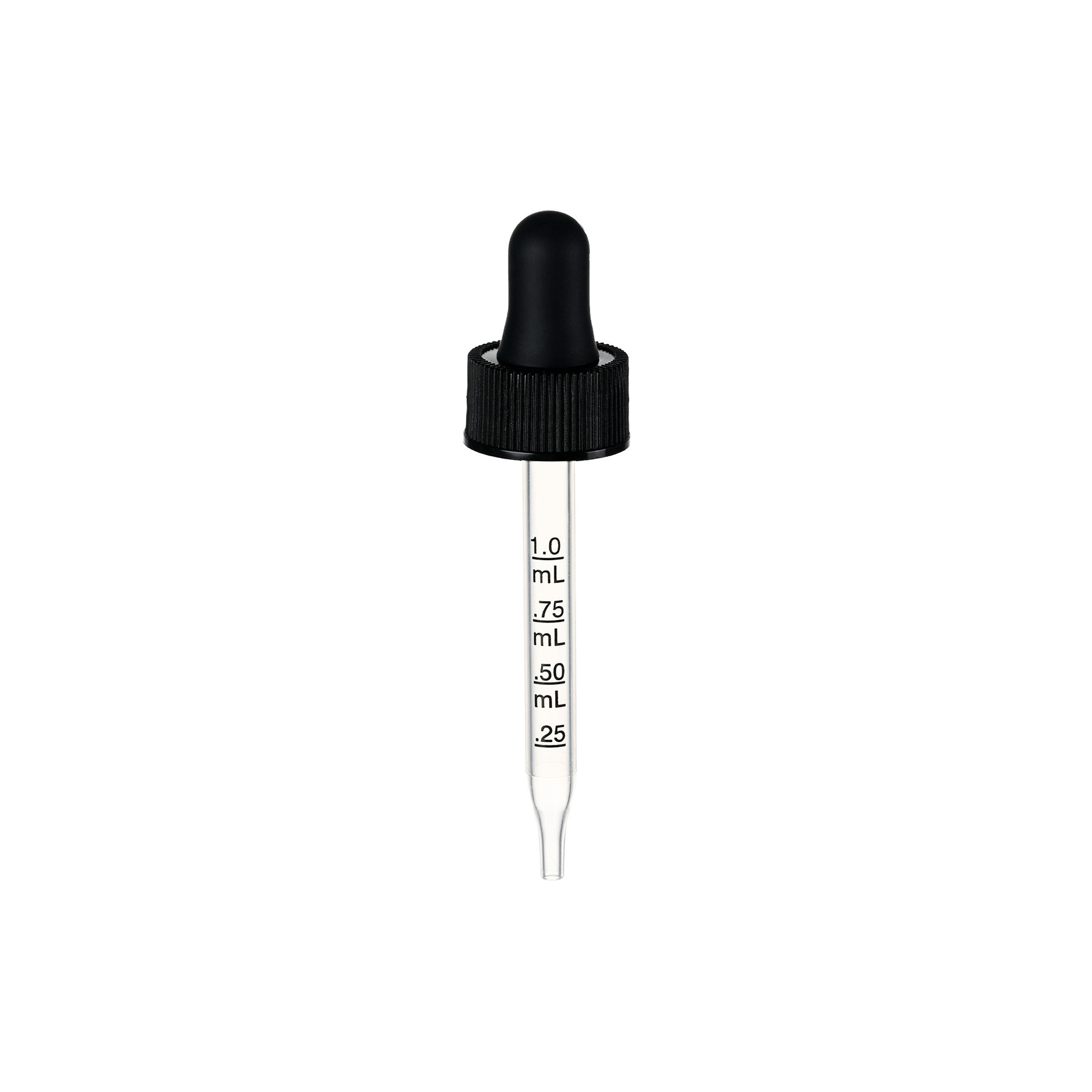 20-400 Black PP Plastic Ribbed Skirt Dropper with 76mm Straight Embossed Black Ink Graduated PP Plastic Pipette