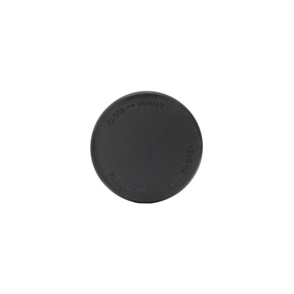 top view 50-400 Black Frosted Smooth Skirt CRC PDT Cap with PE Liner