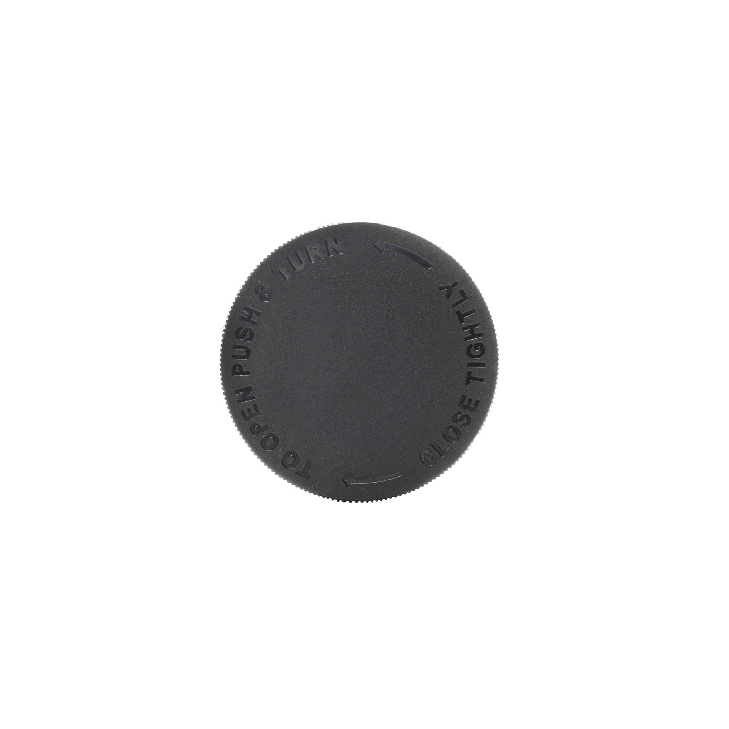 top view 50-400 Black Frosted Ribbed Skirt CRC Lid (Outer PDT Text) PE