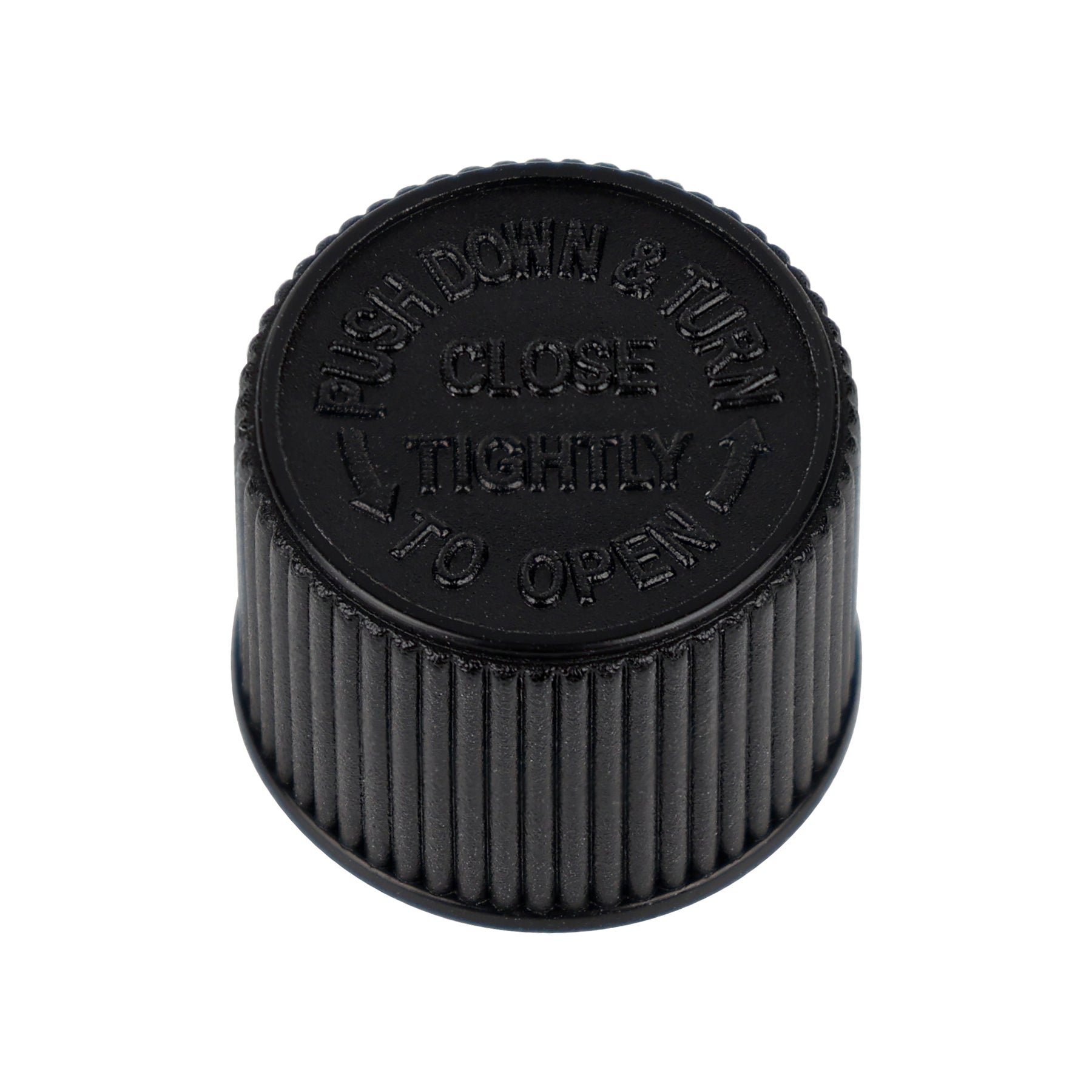 18-410 Black PP Plastic Side Text Child Resistant Screw Top Cap with Liner