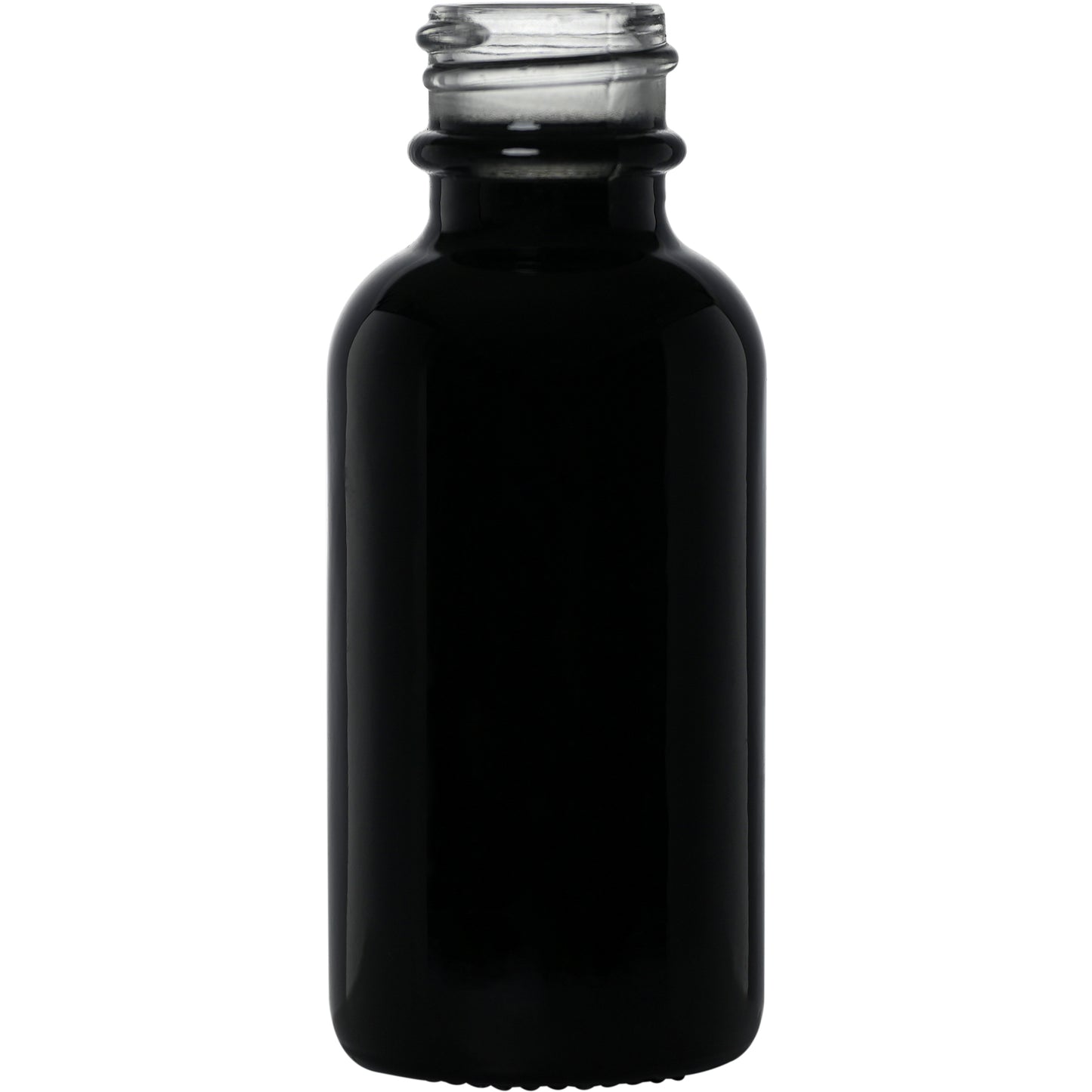 1 oz (30 ml) Glossy Black Glass Boston Round Bottles with 20-400 Neck Finish body