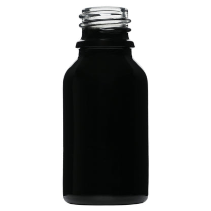 0.5 oz (15 ml) Glossy Black Glass Euro Round Bottles 18 mm Neck Finish