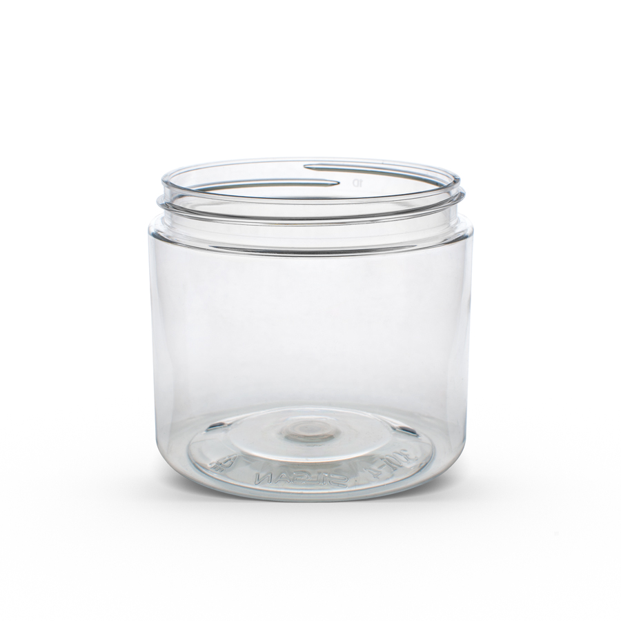 Food Jars, 16 oz Clear PET Plastic Jars w/ Red Ribbed Induction Lined Caps