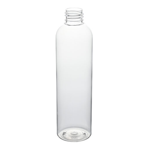 8 oz Clear PET Cosmo Round Bottle 24-410 Neck Finish tilted view