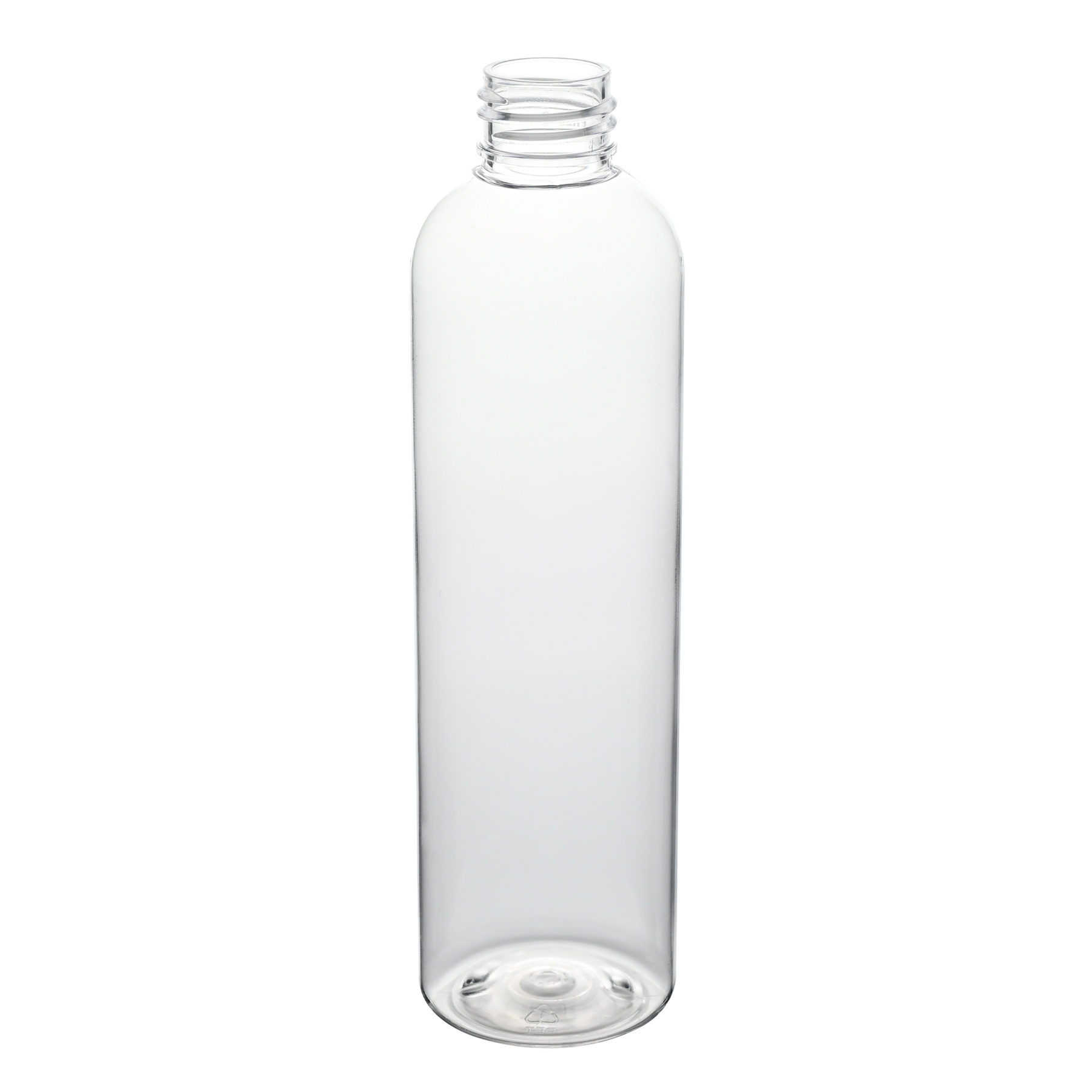 8 oz Clear PET Cosmo Round Bottle 24-410 Neck Finish tilted view