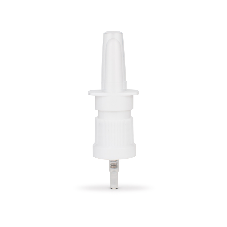 PB51-018-410-80mm-White-Ribbed-nasal-pump-spray-applicator-18-410-neck-with-clear-overcap-PB53-018-410 : 80mm White Ribbed Nasal Pump Spray Applicator 18-410 Neck with Clear Overcap