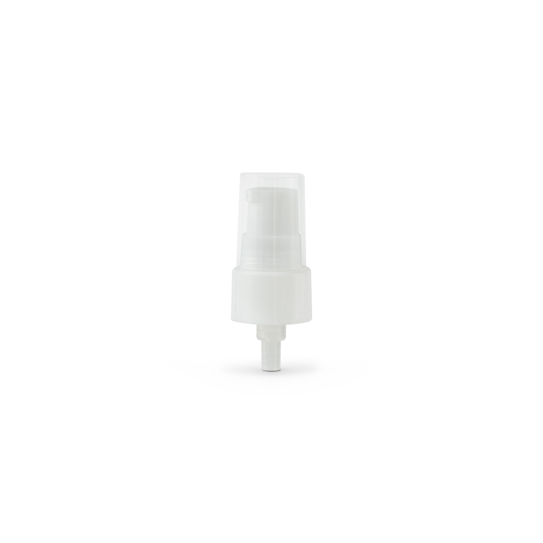 PB203-020-410: 100mm White Smooth white-20-410-smooth-skirt-dispensing-treatment-pump-with-clear-cap-and-100mm-dip-tube White 20-410 Smooth Skirt Dispensing Treatment Pump with Clear Cap and 100mm Dip Tube