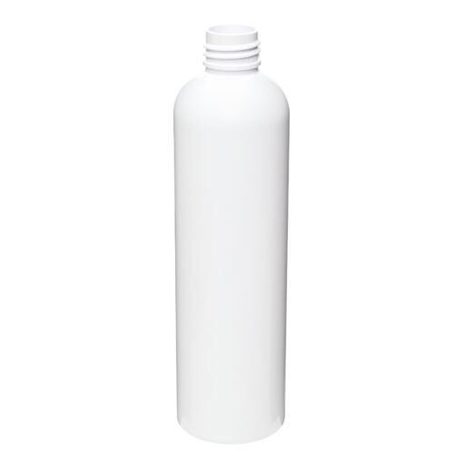 8 oz White PET Cosmo Round Bottle 24-410 Neck Finish tilted view