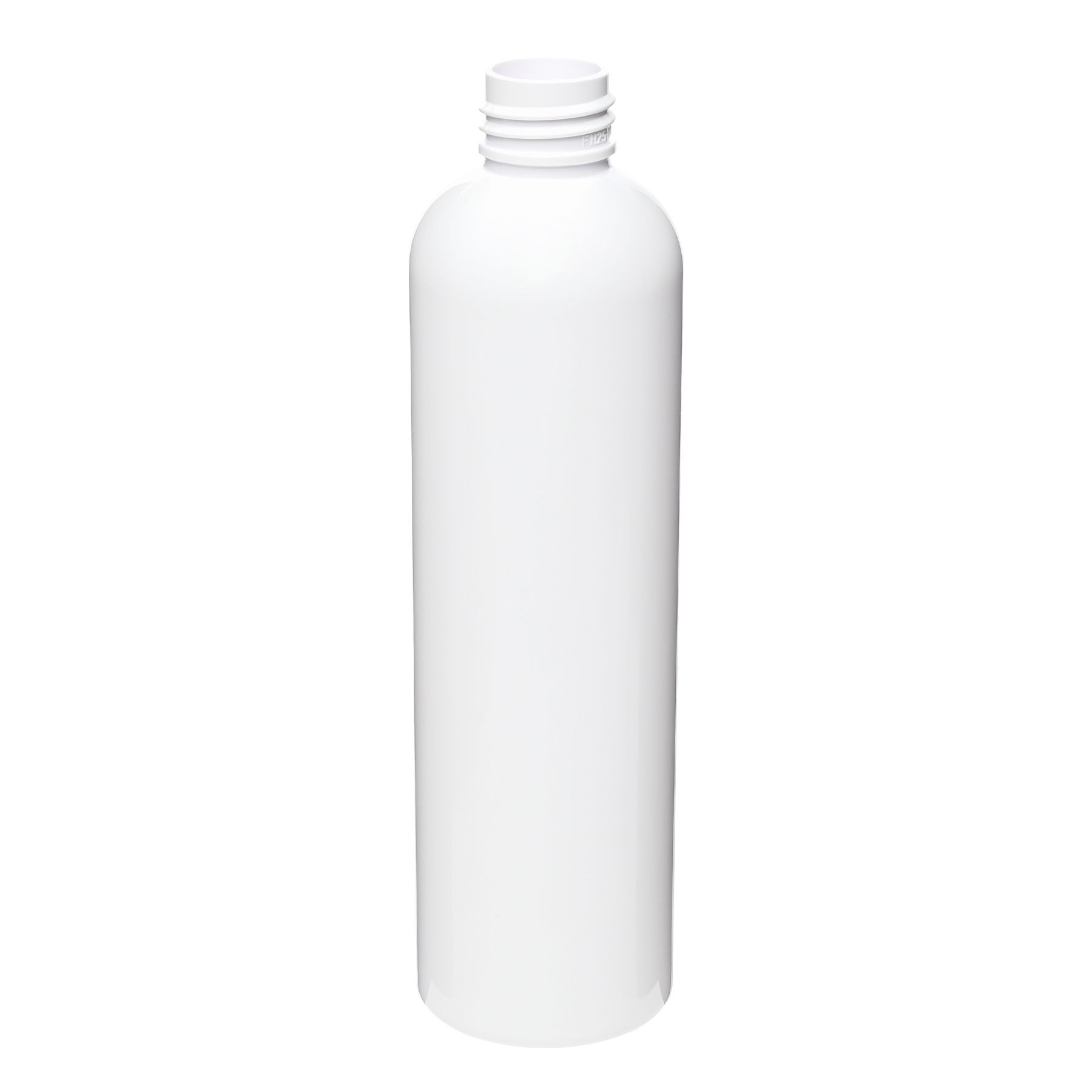 FH0524802(1) 8 oz White PET Cosmo Round Bottle 24-410 Neck Finish tilted view