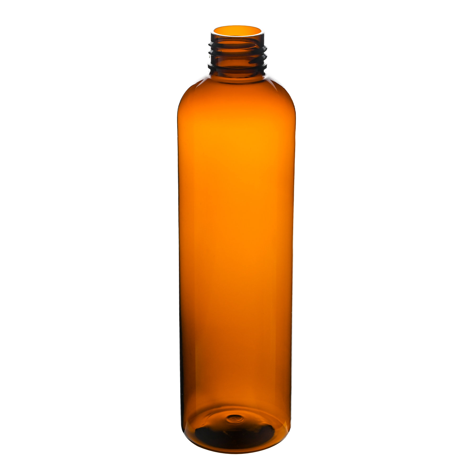 8 oz Amber PET Cosmo Round Bottle 24-410 Neck Finish tilted view